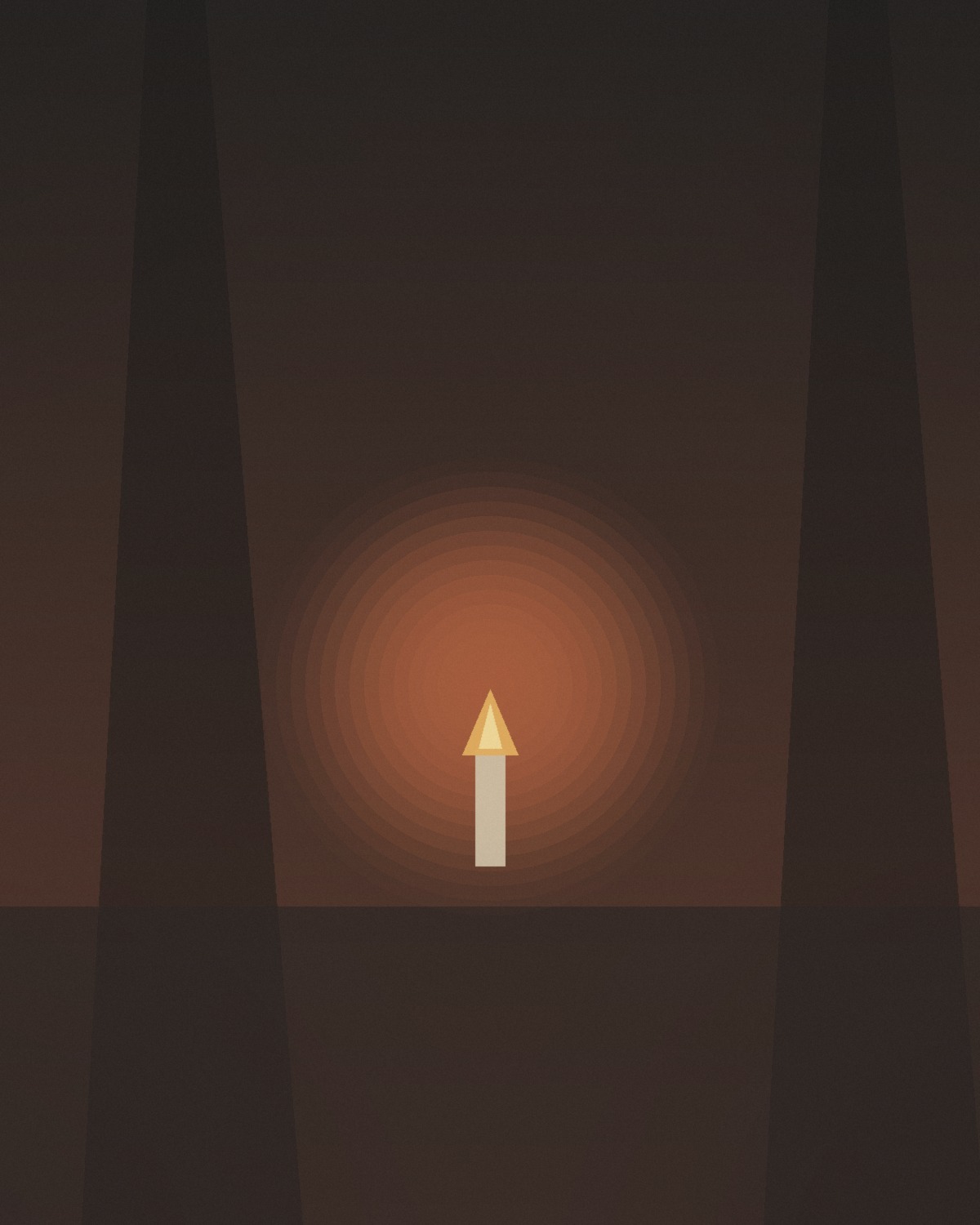 A retreat hall before dawn with a single candle